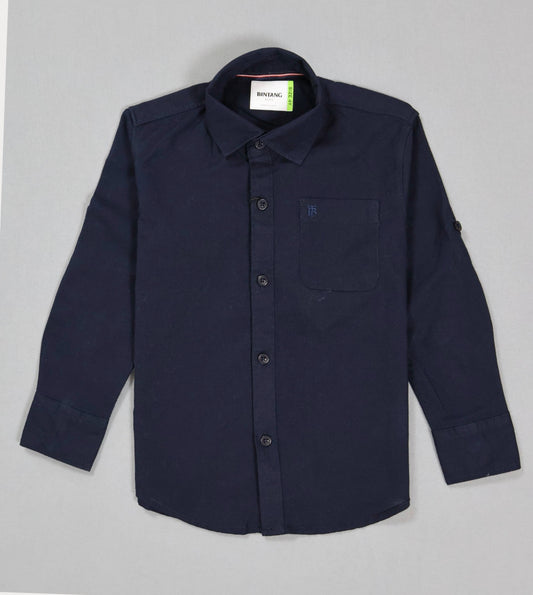 Navy blue button-up shirt on a gray background