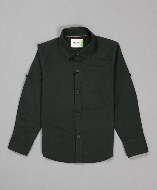 Black button-up shirt on a gray background