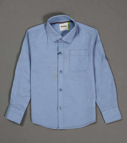 Blue button-up shirt with a collar on a gray background