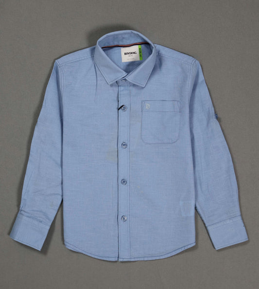 Blue button-up shirt with a collar on a gray background