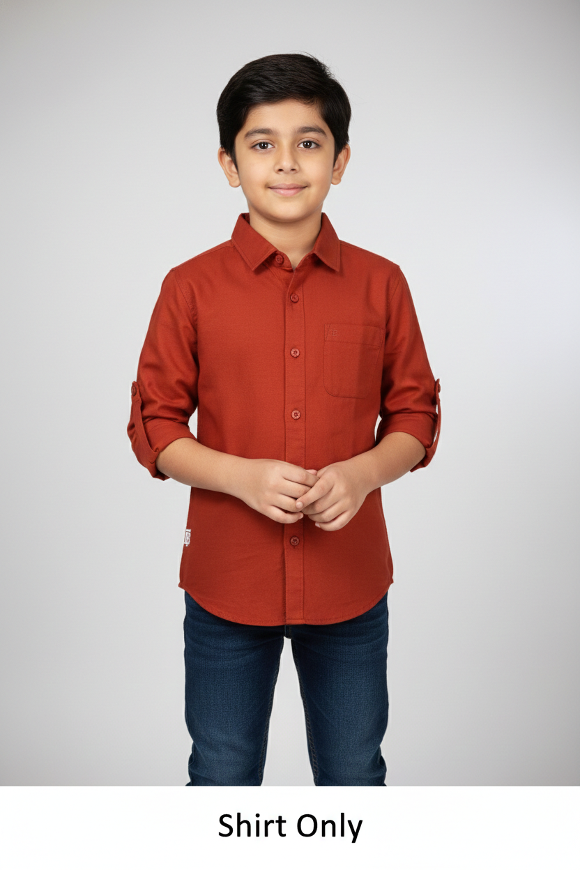 Boy wearing rust orange cotton smart casual plain shirt with rolled sleeves