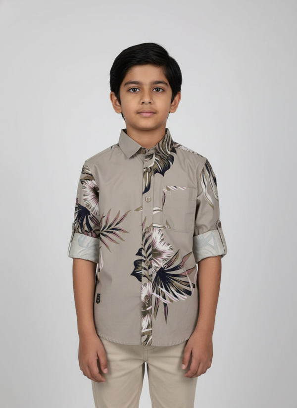 Fyst Premium Cotton Tropical Leaf Smart Casual Shirt for Boys – Stone Grey