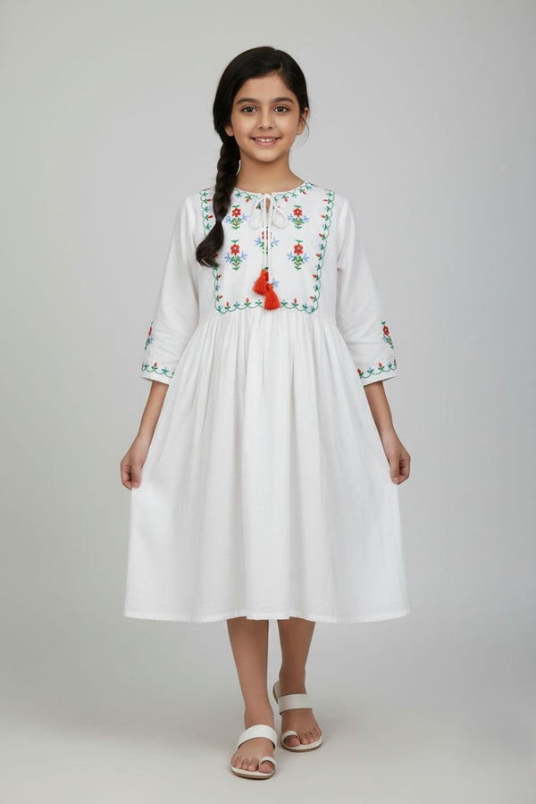 Fyst Premium Embroidered Cotton Smart Casual Frock for Girls – Ivory White