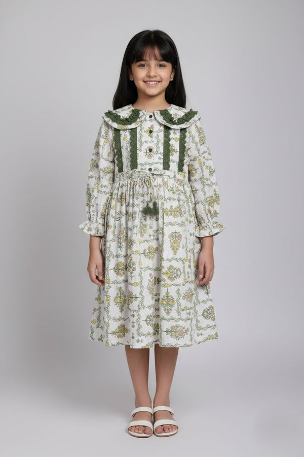 Fyst Premium Garden Trellis Cotton Frock with Crochet Lace for Girls – Sage Green