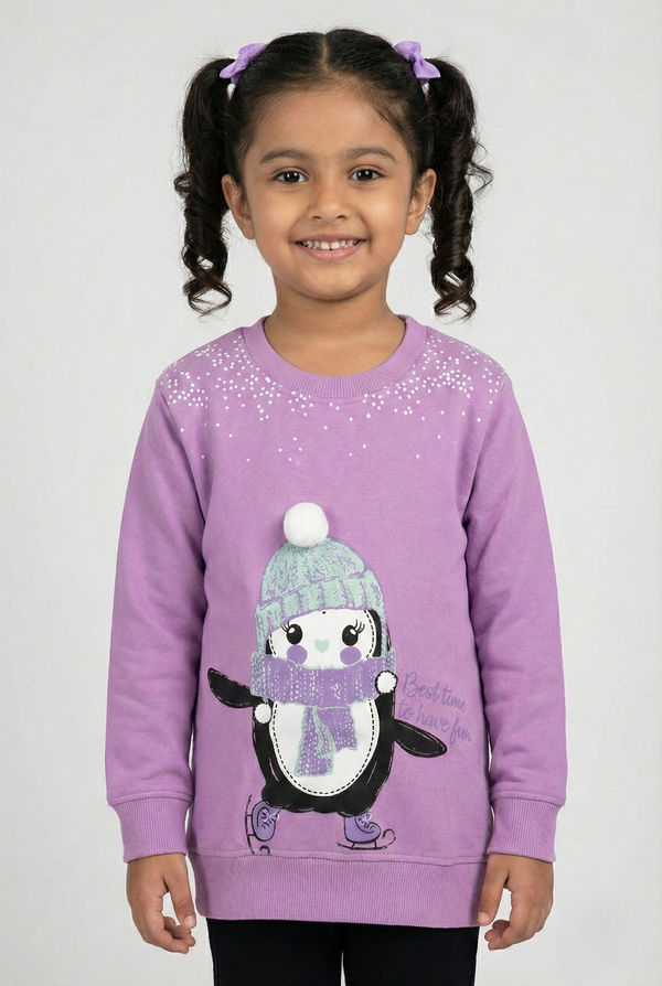 Fyst Premium Penguin Graphic Cotton Knit Sweater for Girls – Lavender Purple