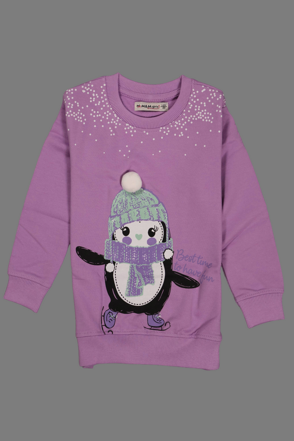 Fyst Premium Penguin Graphic Cotton Knit Sweater for Girls – Lavender Purple
