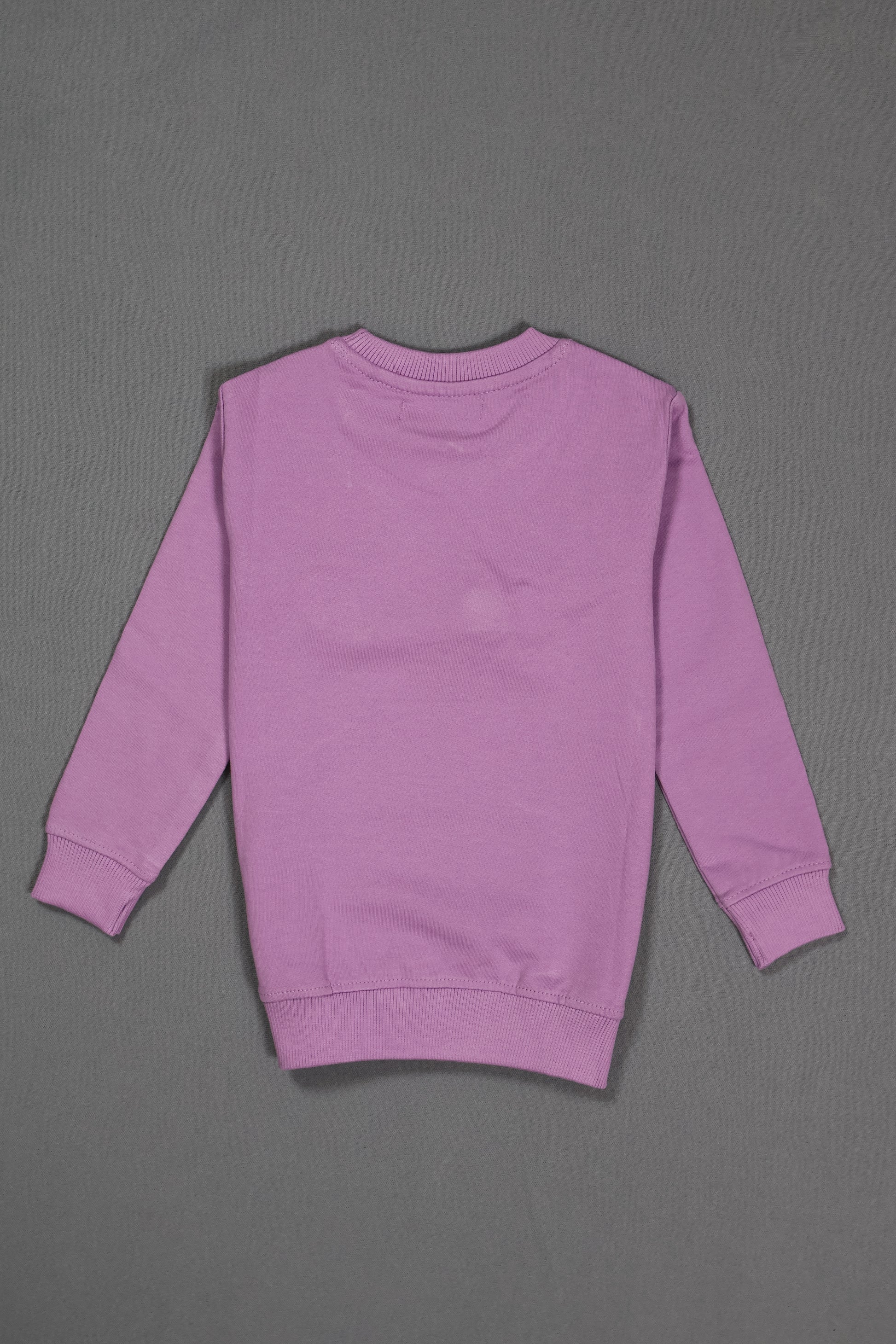 Back view of a plain purple cotton kids sweatshirt with long sleeves on grey background