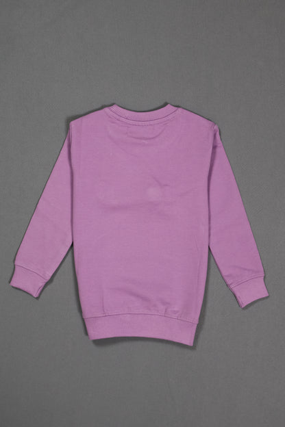 Back view of a plain purple cotton kids sweatshirt with long sleeves on grey background