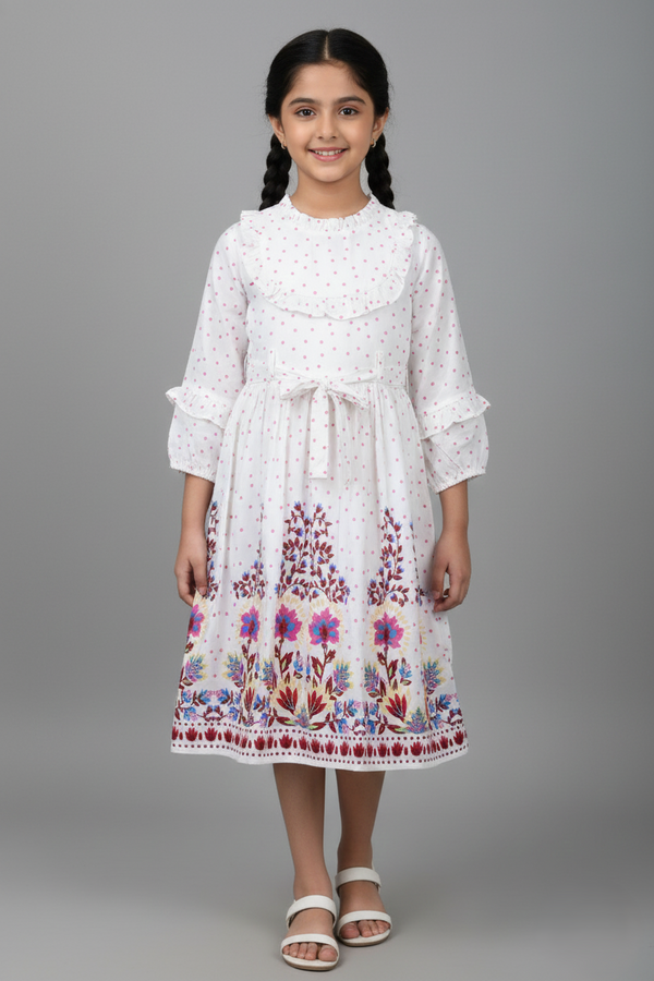 Fyst Premium Polka Dot Cotton Frock with Floral Border for Girls – Pearl White