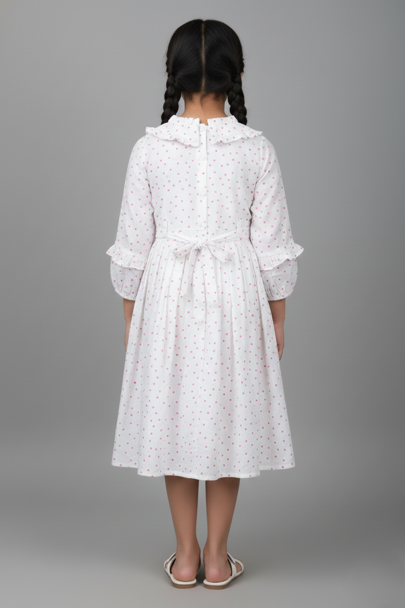 White floral dress worn by a person on a gray background