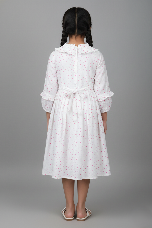 Fyst Premium Polka Dot Cotton Frock with Floral Border for Girls – Pearl White