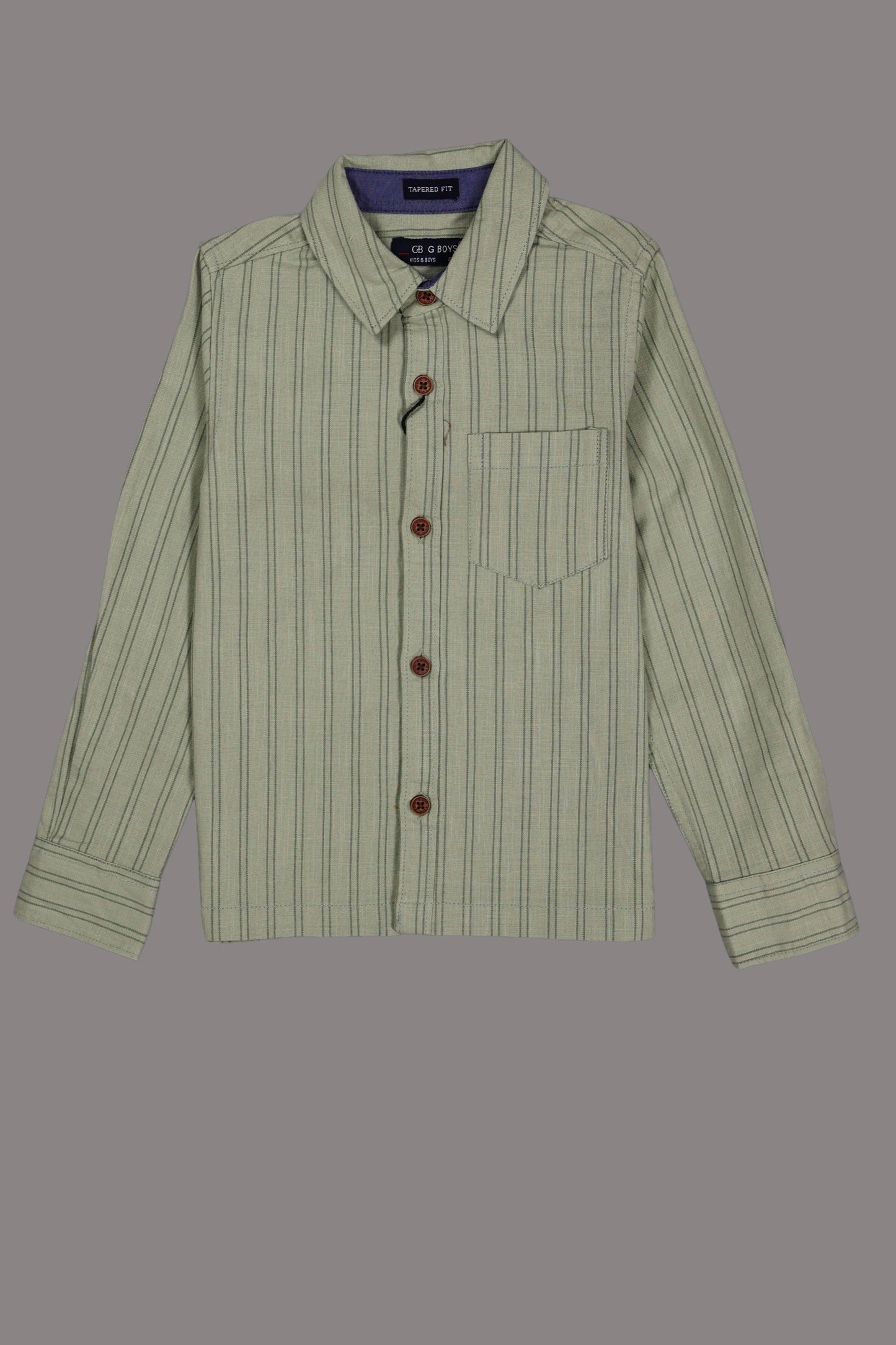 Green striped shirt with brown buttons on a gray background