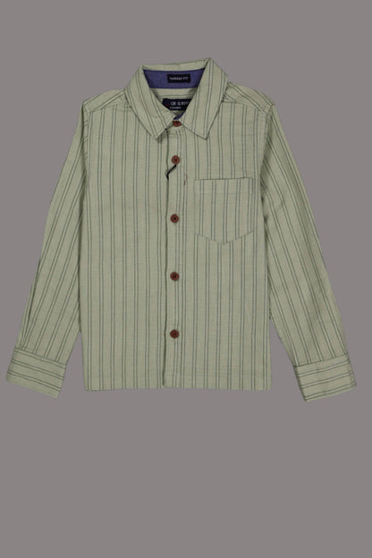 Green striped shirt with brown buttons on a gray background