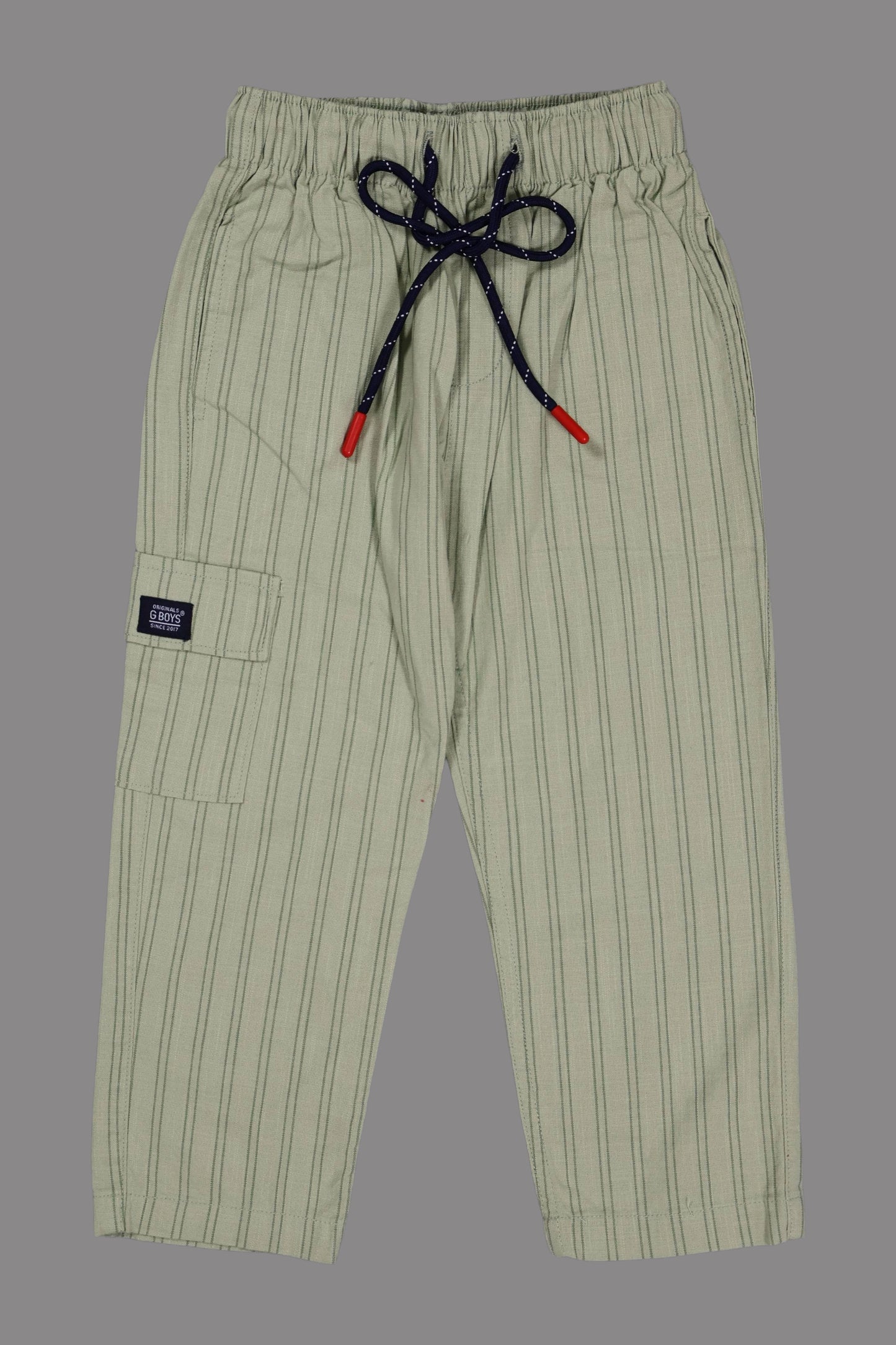 Green pinstripe pants with drawstring on a gray background