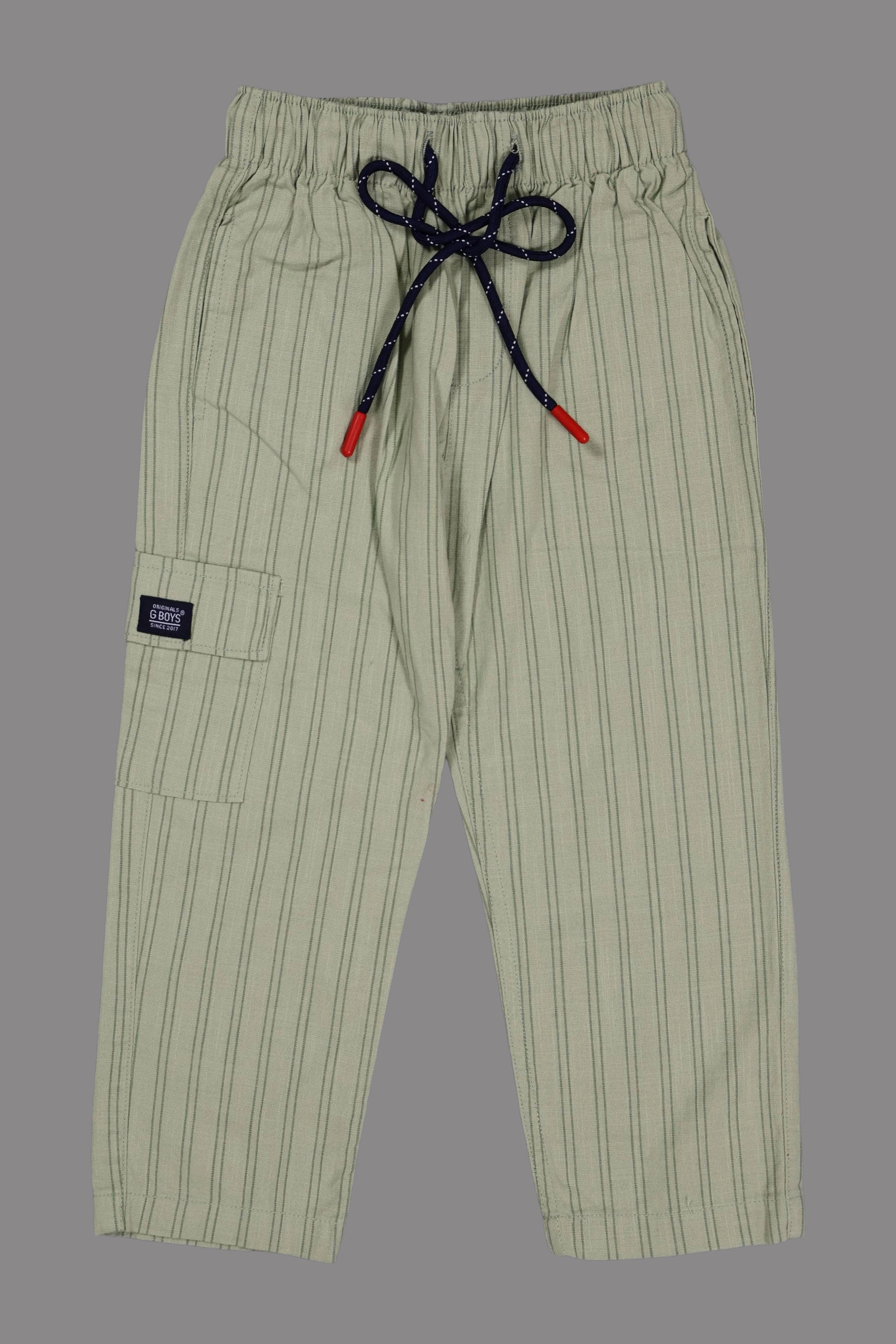 Green pinstripe pants with drawstring on a gray background