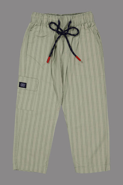 Green pinstripe pants with drawstring on a gray background