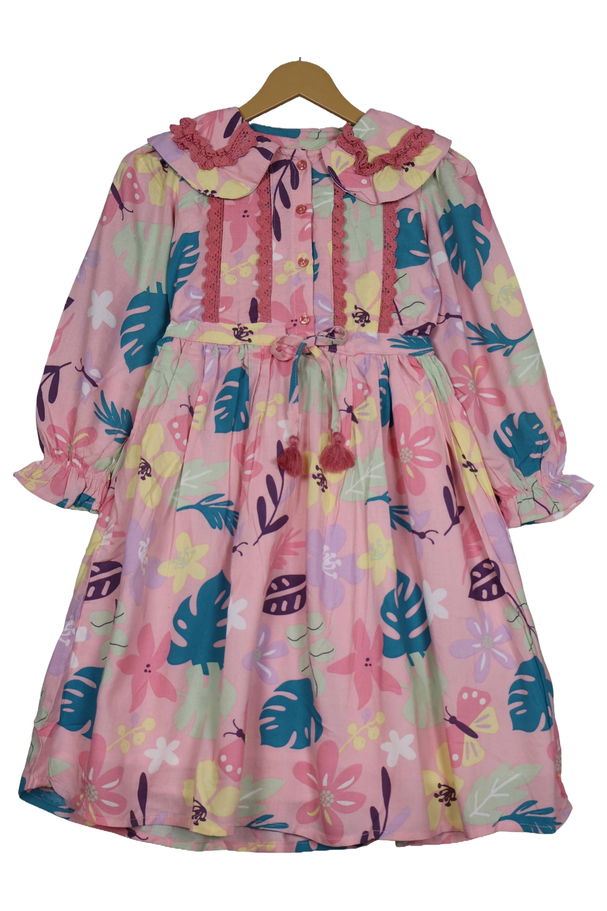 Blush pink cotton frock for girls with tropical floral print, long sleeves, and ruffled collar