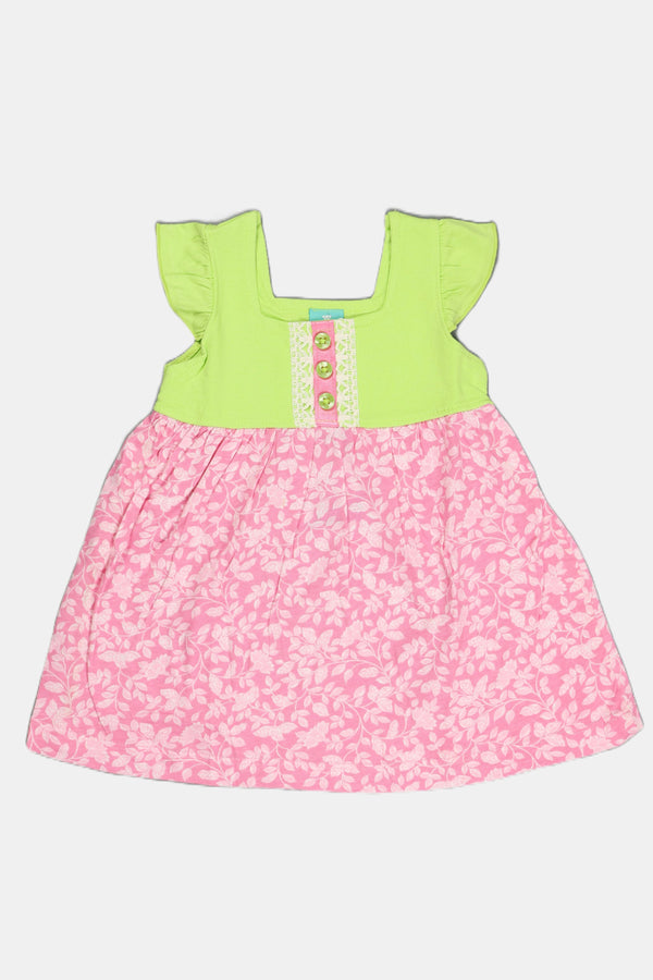 Fyst Girls' Floral Print Summer Frock - Green & Pink