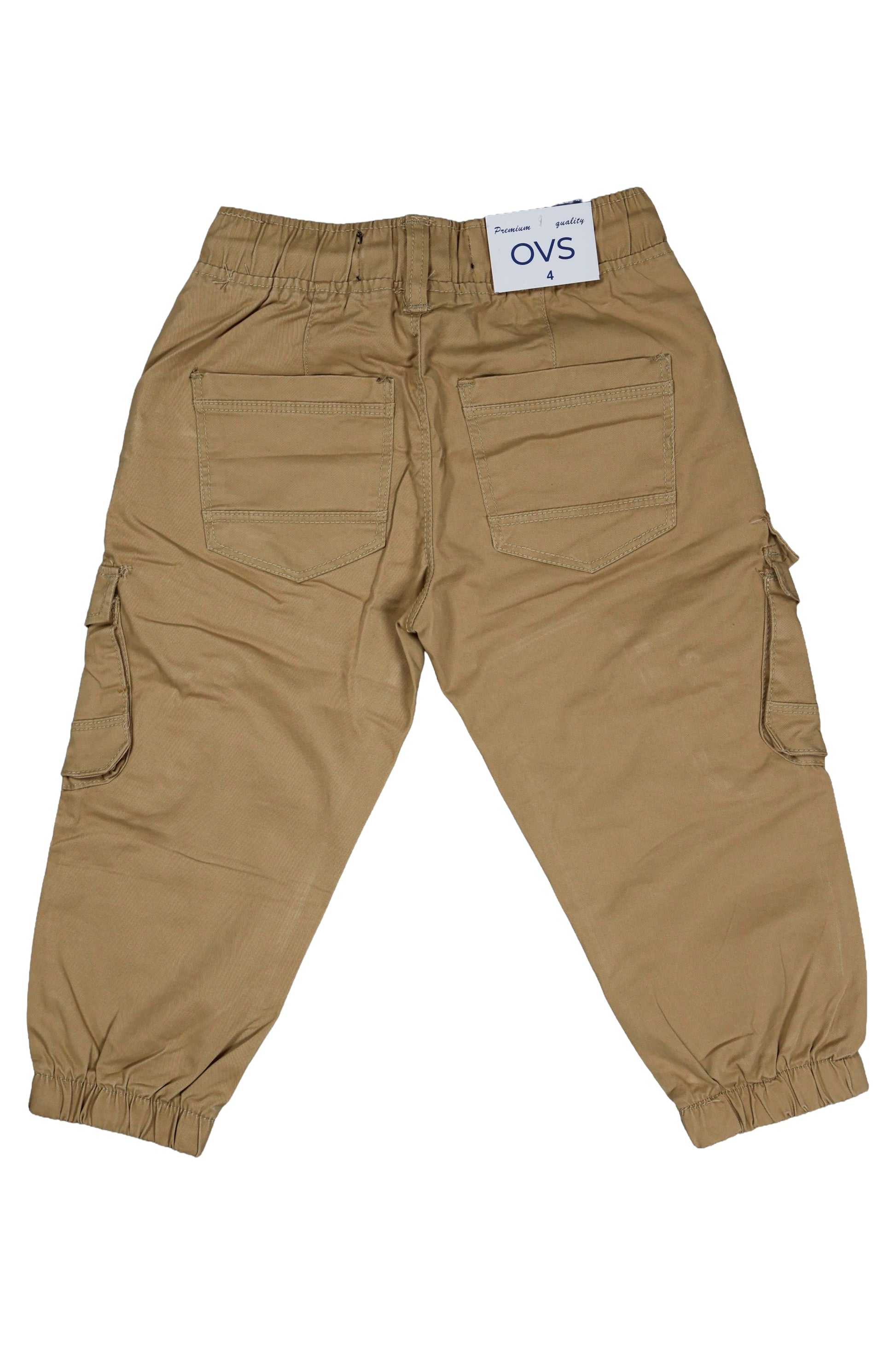 Beige cargo pants with a visible brand label on a white background