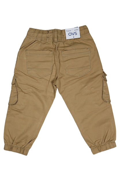 Beige cargo pants with a visible brand label on a white background