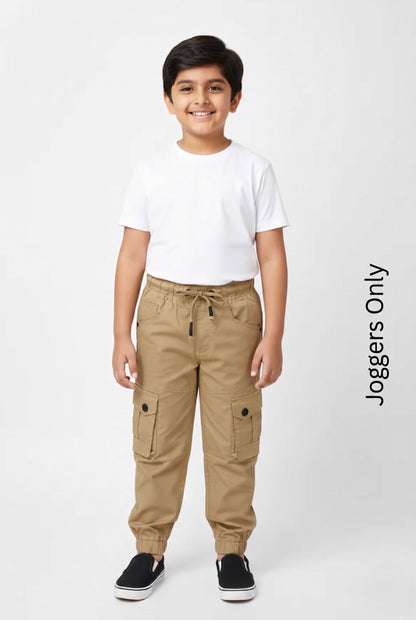 Child wearing beige jogger pants and a white t-shirt on a white background with 'Joggers Only' text.