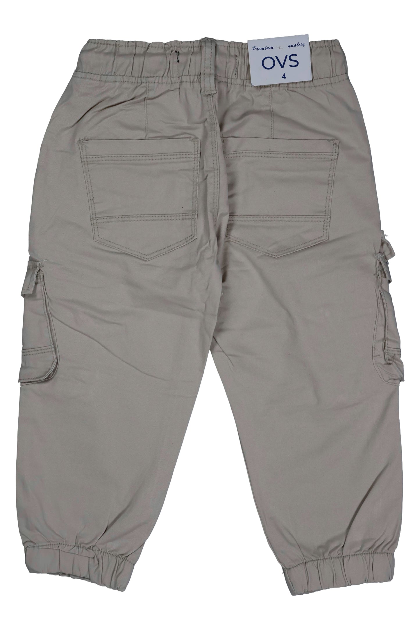 Beige cargo pants with a visible brand label on a white background