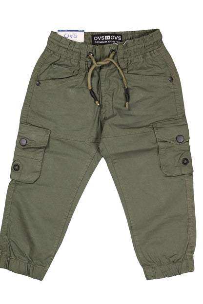 A pair of children's utility cargo pants in a versatile olive green. The design features a comfortable elastic waistband with a contrasting olive and tan drawstring, standard side pockets, and two large cargo pockets on the legs with secure button closures. The pants are shown as a flat lay against a neutral background.