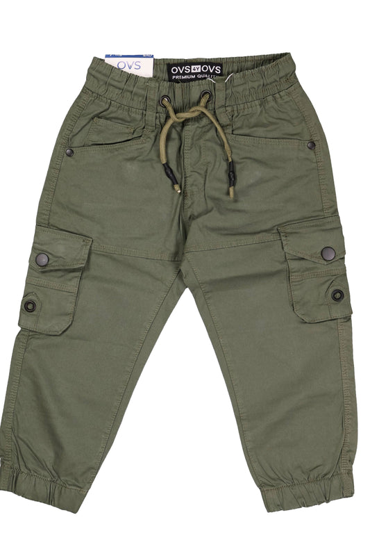 A pair of children's utility cargo pants in a versatile olive green. The design features a comfortable elastic waistband with a contrasting olive and tan drawstring, standard side pockets, and two large cargo pockets on the legs with secure button closures. The pants are shown as a flat lay against a neutral background.