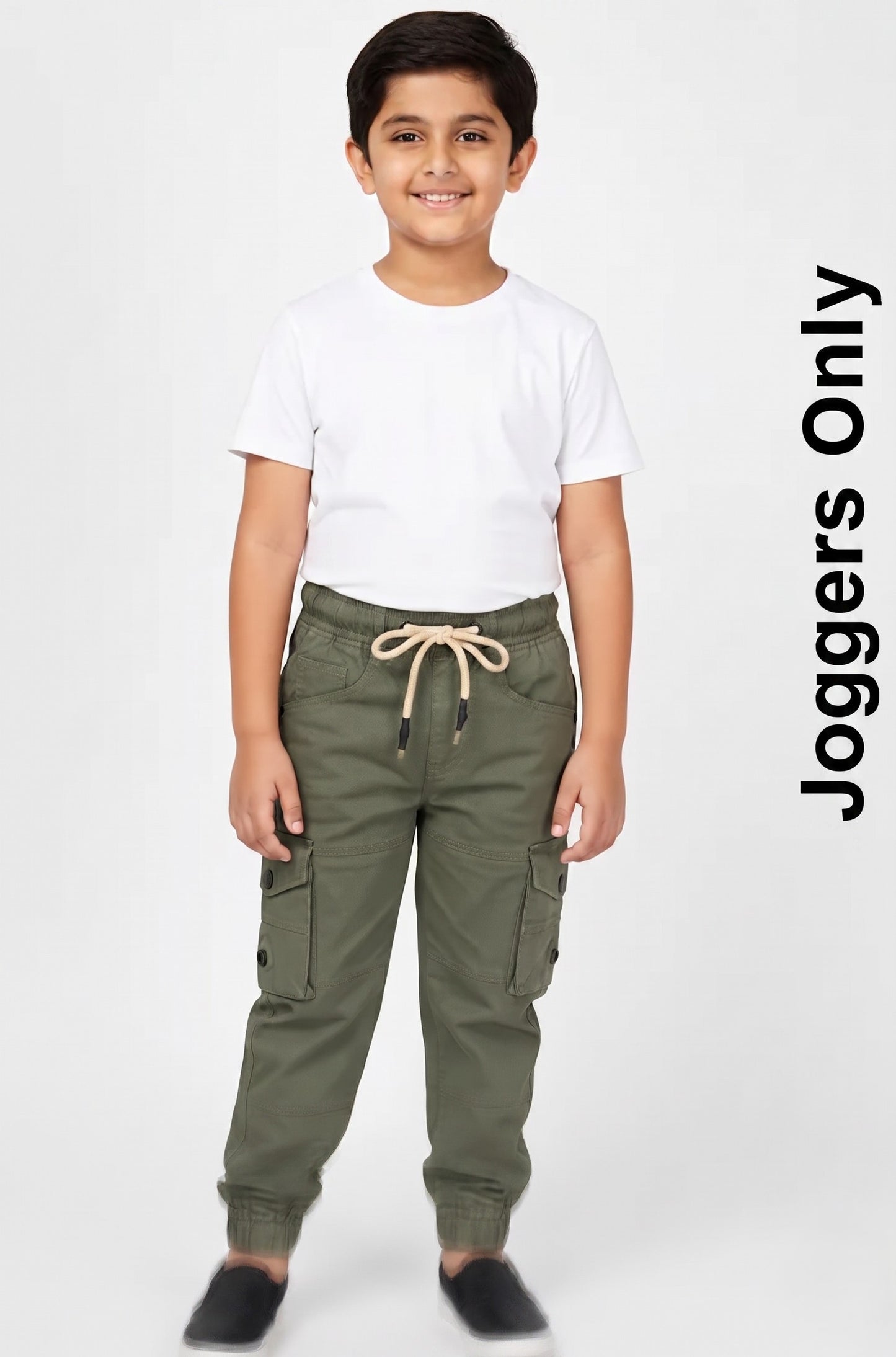 Child wearing green cargo jogger pants and a white t-shirt on a white background with 'Joggers Only' text.