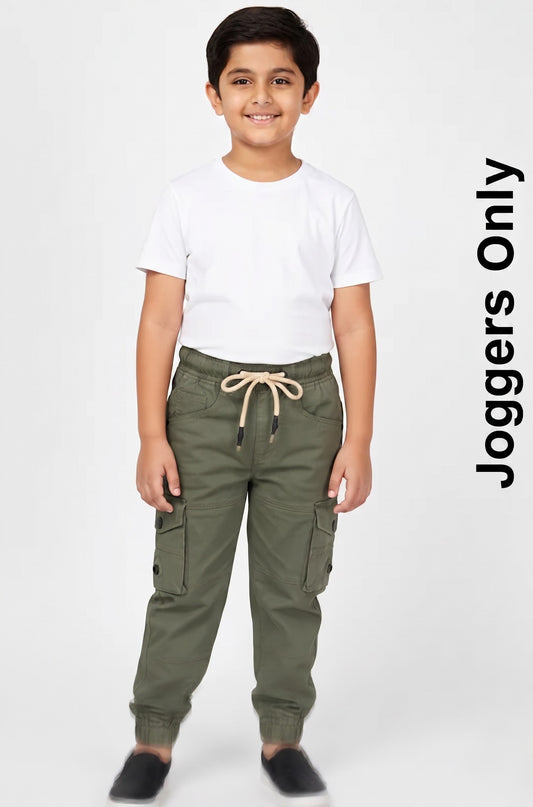 Child wearing green cargo jogger pants and a white t-shirt on a white background with 'Joggers Only' text.