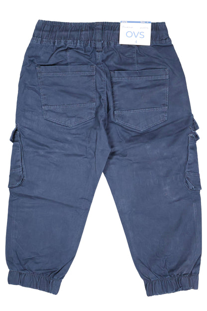 Blue cargo pants with a visible brand label on a white background
