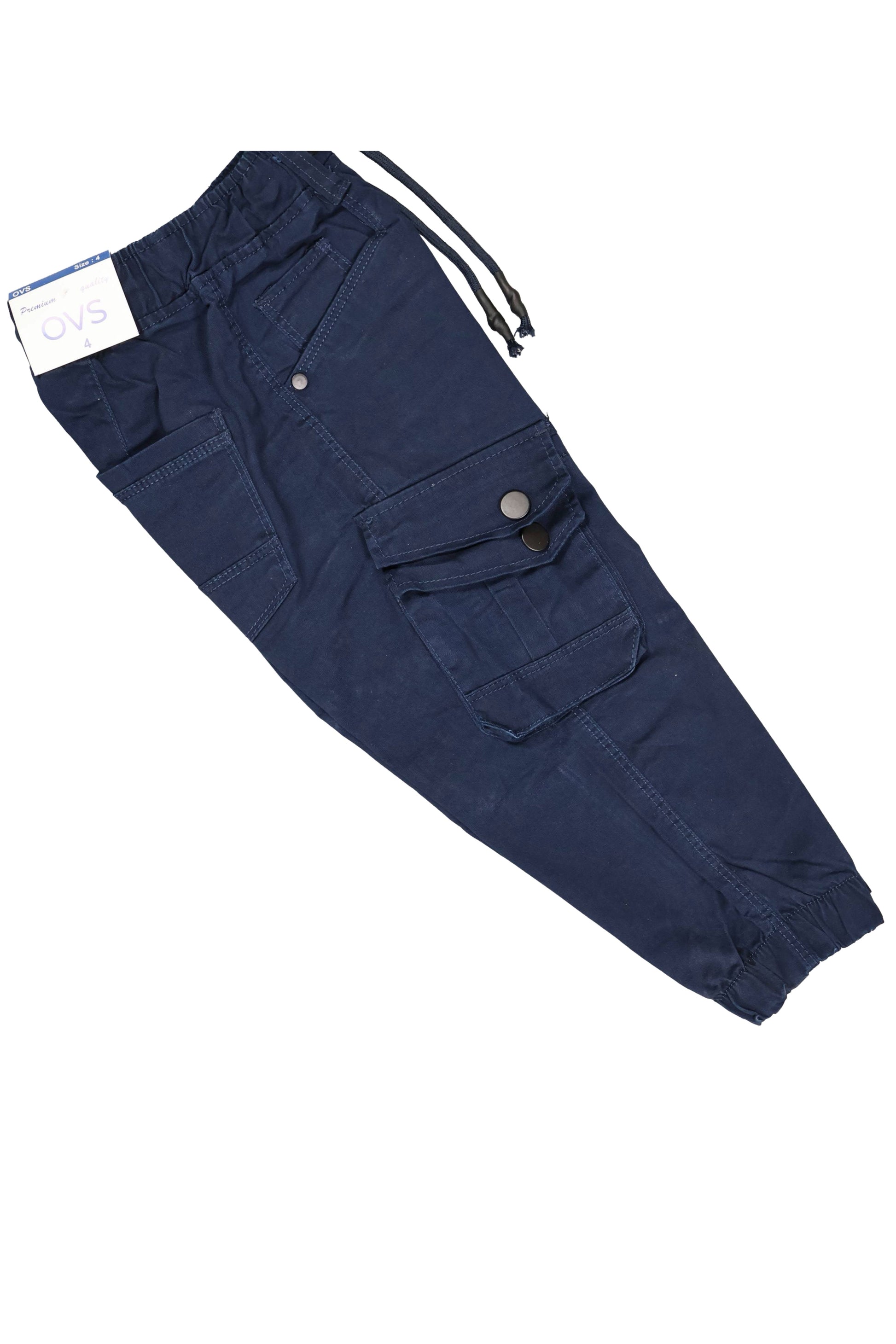 Navy blue cargo pants with multiple pockets on a white background