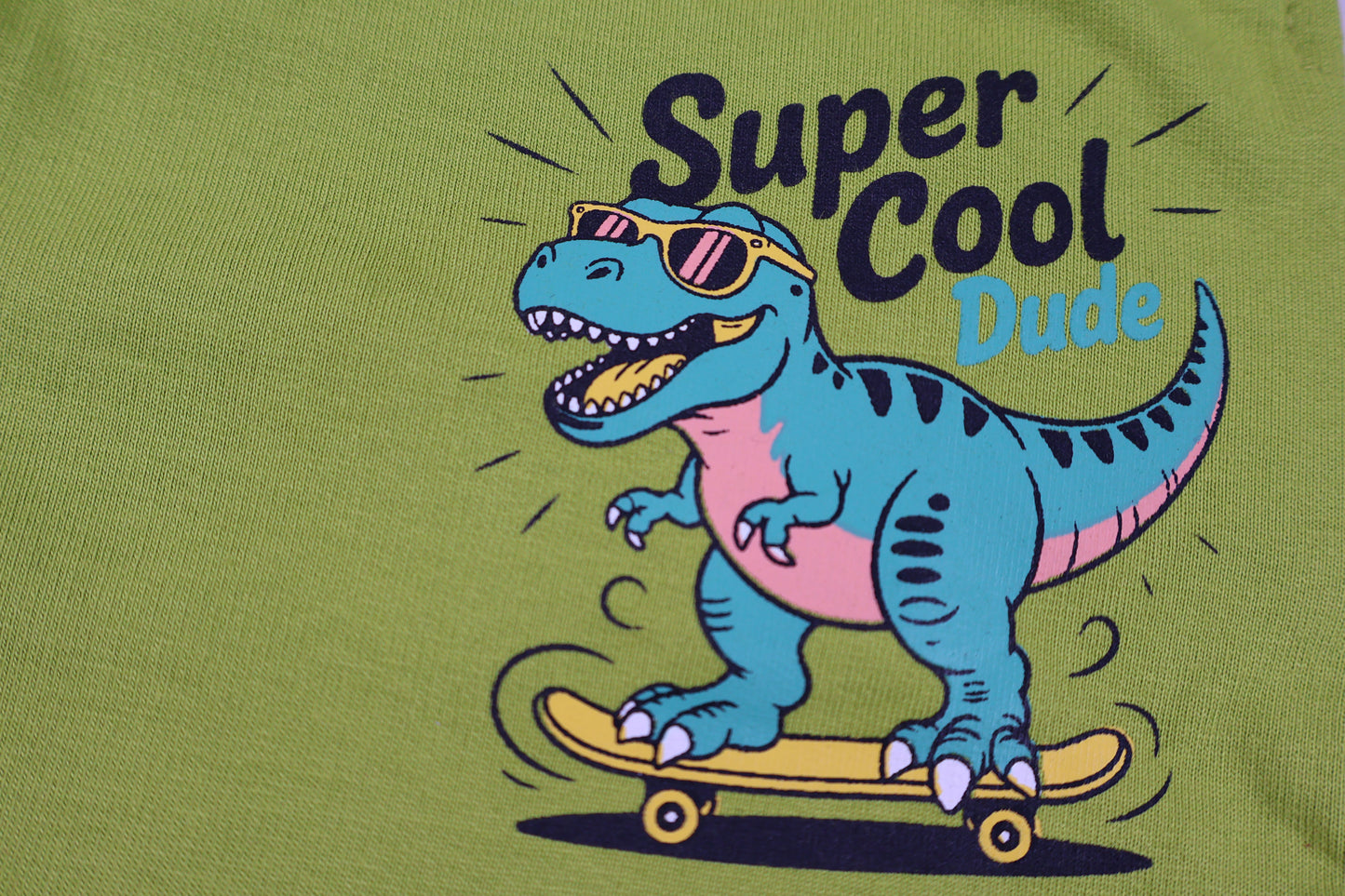 Fyst Boys Lime Green Skateboarding Dinosaur "Super Cool Dude" Graphic Cotton T-Shirt