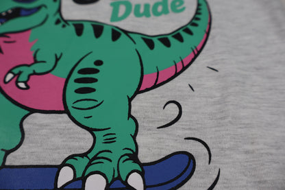 Fyst Boys Light Grey Skateboarding Dinosaur "Super Cool Dude" Graphic Cotton T-Shirt