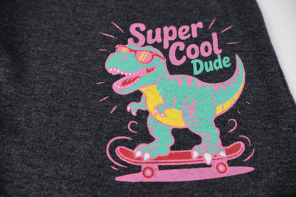 Fyst Boys Charcoal Grey Melange Skateboarding Dinosaur "Super Cool Dude" Cotton Shorts