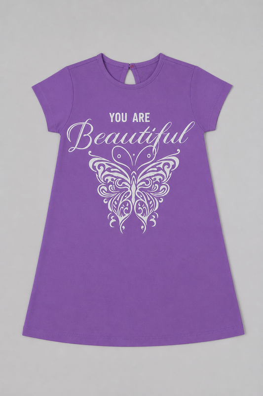Fyst Girls Lavender Purple "You Are Beautiful" Butterfly Graphic Longline Cotton T-Shirt