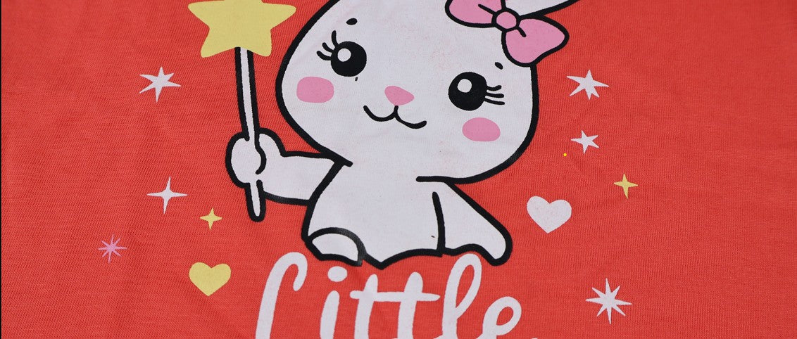 Fyst Girls Coral Orange "Little Magic" Bunny Graphic Longline Cotton T-Shirt
