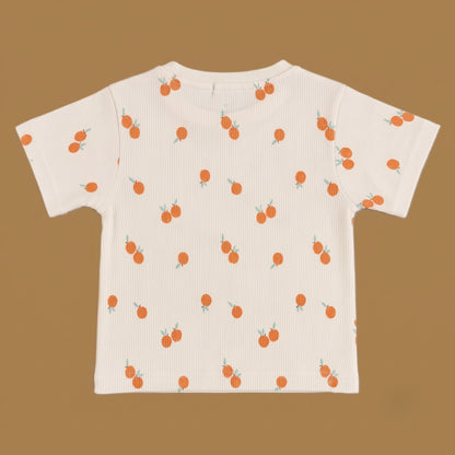Fyst Boys Off-White & Peach Orange Printed Ribbed T-Shirt and Shorts Co-ord Set