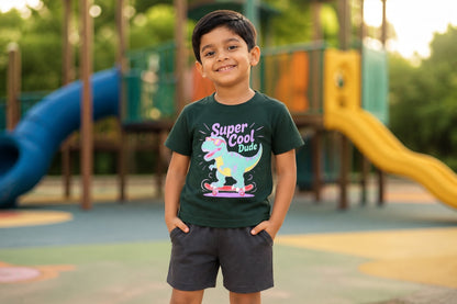 Fyst Boys Dark Green Round Neck Dinosaur Graphic Cotton T-Shirt