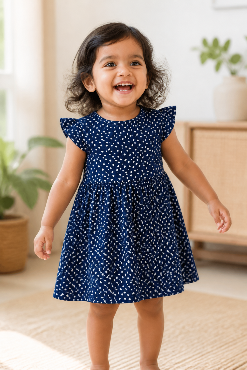 Fyst Girls Navy Blue All-Over Polka Dot Print Flutter Sleeve Cotton Frock Dress