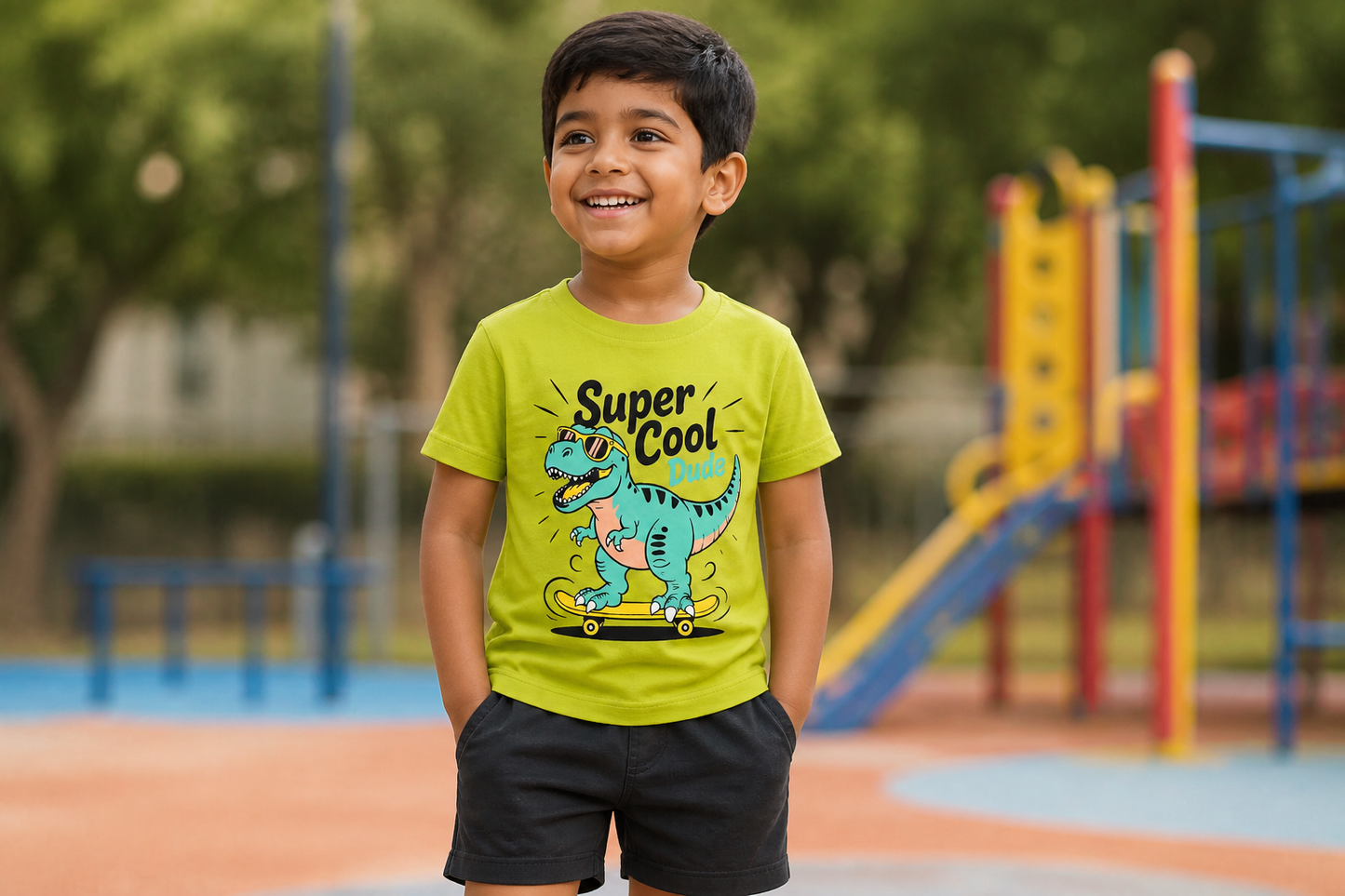 Fyst Boys Lime Green Skateboarding Dinosaur "Super Cool Dude" Graphic Cotton T-Shirt