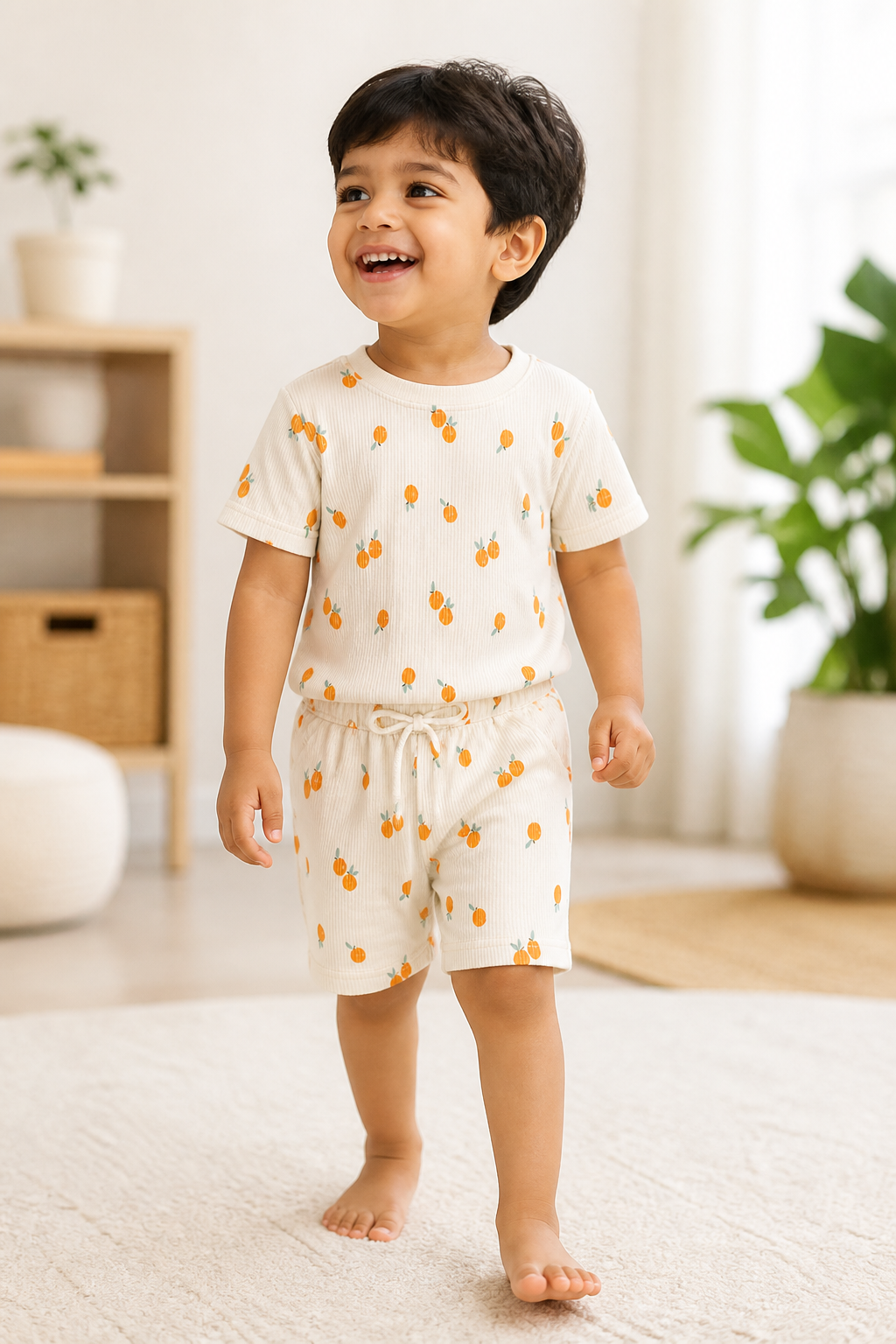 Fyst Boys Off-White & Peach Orange Printed Ribbed T-Shirt and Shorts Co-ord Set