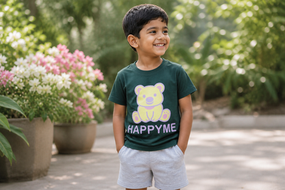 Boys Dark Green "HAPPYME" Bear Graphic T-Shirt