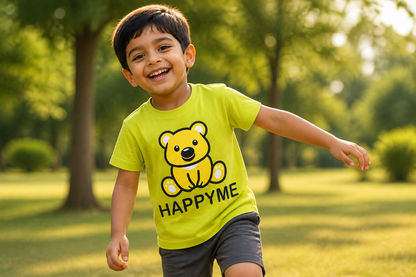 Fyst Boys Lime Green "HAPPYME" Bear Graphic Cotton T-Shirt