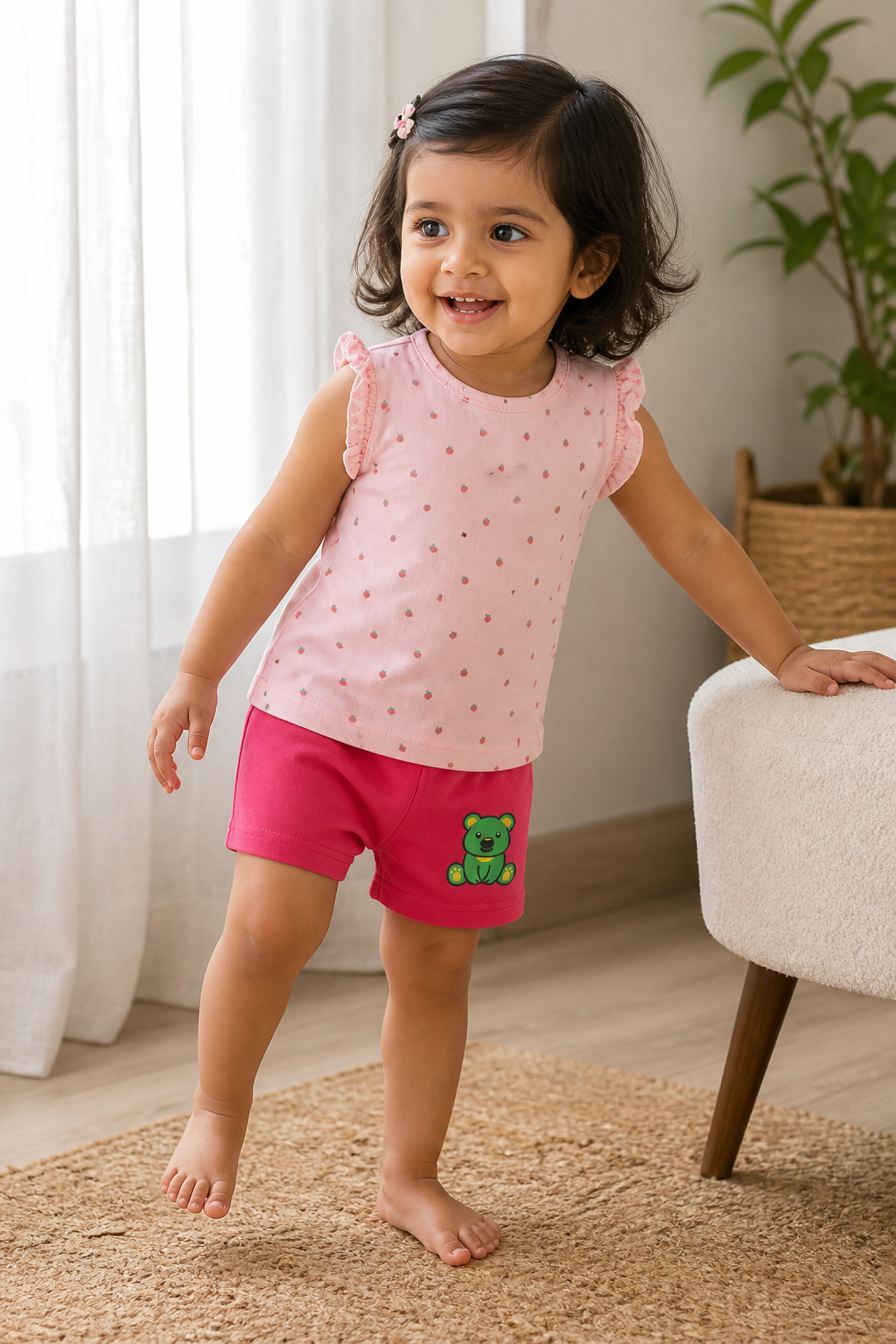 Fyst Girls Pink Strawberry Print Ruffle Sleeve Top and "HAPPYME" Shorts Co-ord Set