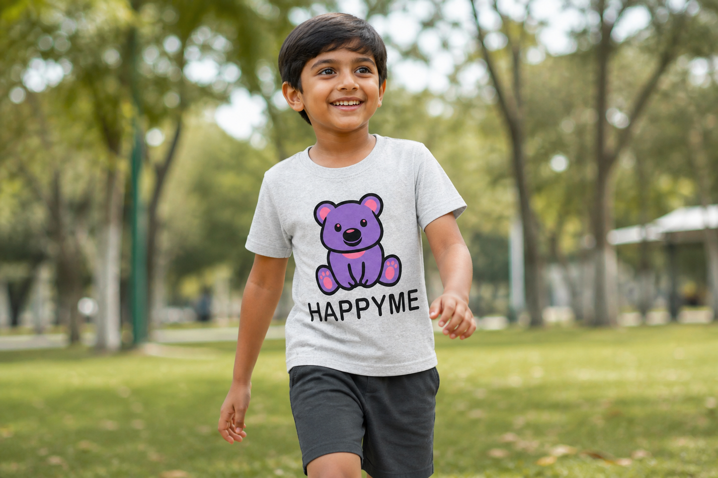 Fyst Boys Light Grey Melange "HAPPYME" Bear Graphic Cotton T-Shirt