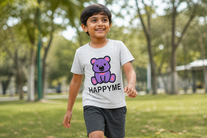Fyst Boys Light Grey Melange "HAPPYME" Bear Graphic Cotton T-Shirt