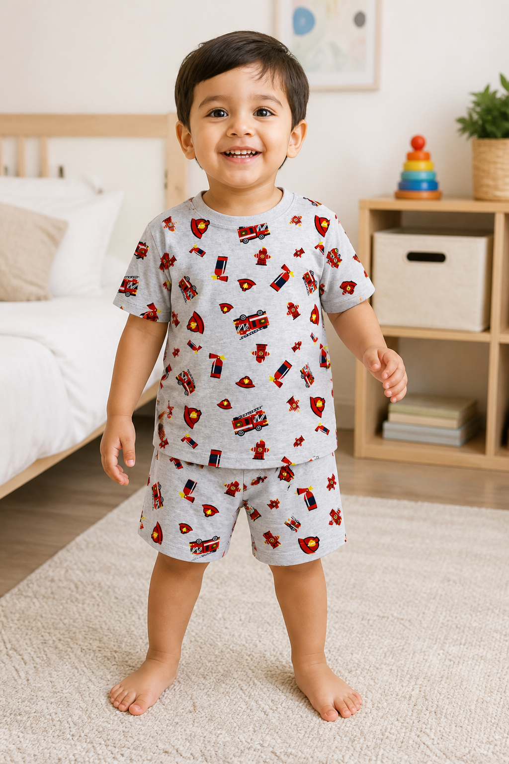 Fyst Boys Light Grey Fire Truck All-Over Print T-Shirt and Shorts Co-ord Set