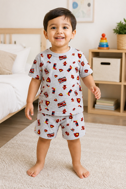 Fyst Boys Light Grey Fire Truck All-Over Print T-Shirt and Shorts Co-ord Set