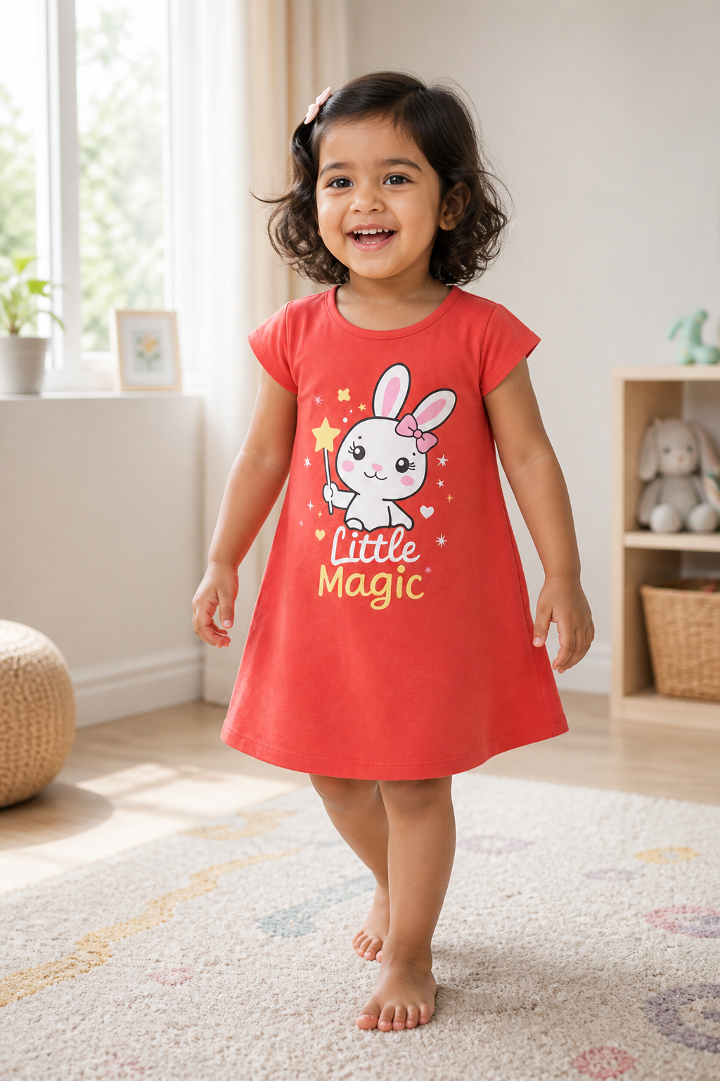 Fyst Girls Coral Orange "Little Magic" Bunny Graphic Longline Cotton T-Shirt